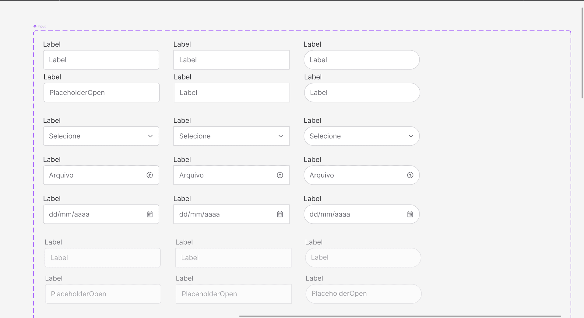 Inputs do design system Fraga