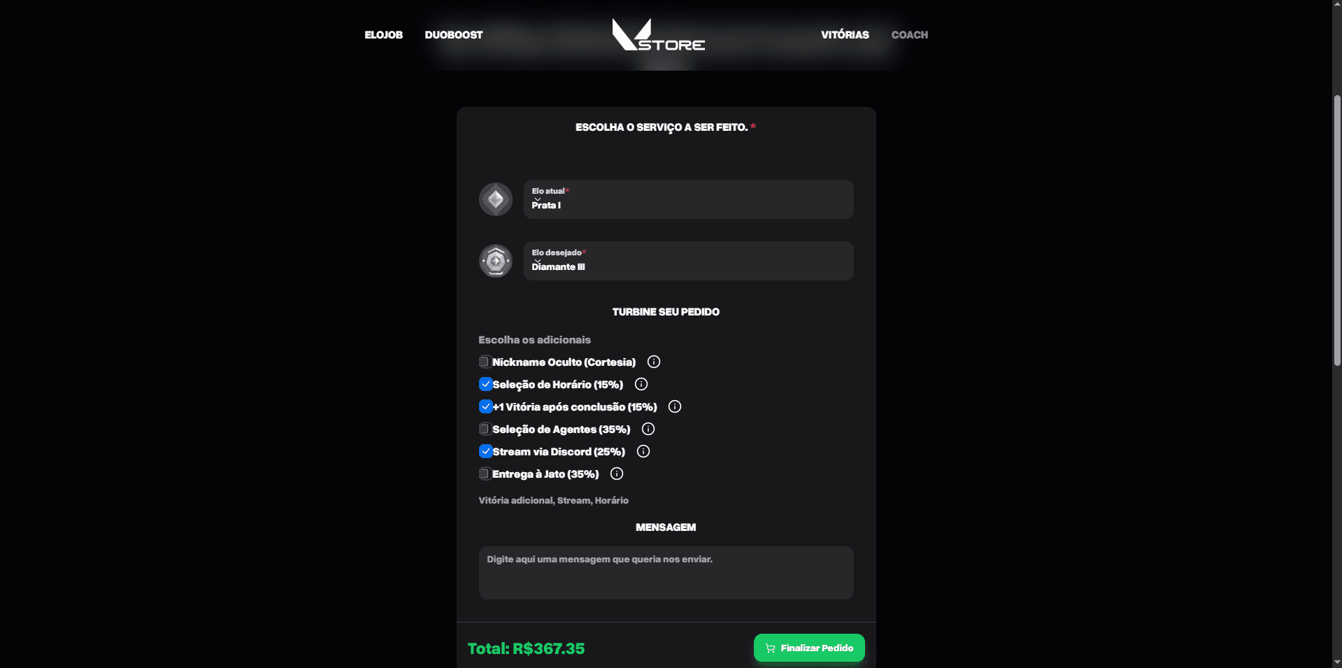 Calculadora de preços do VStore