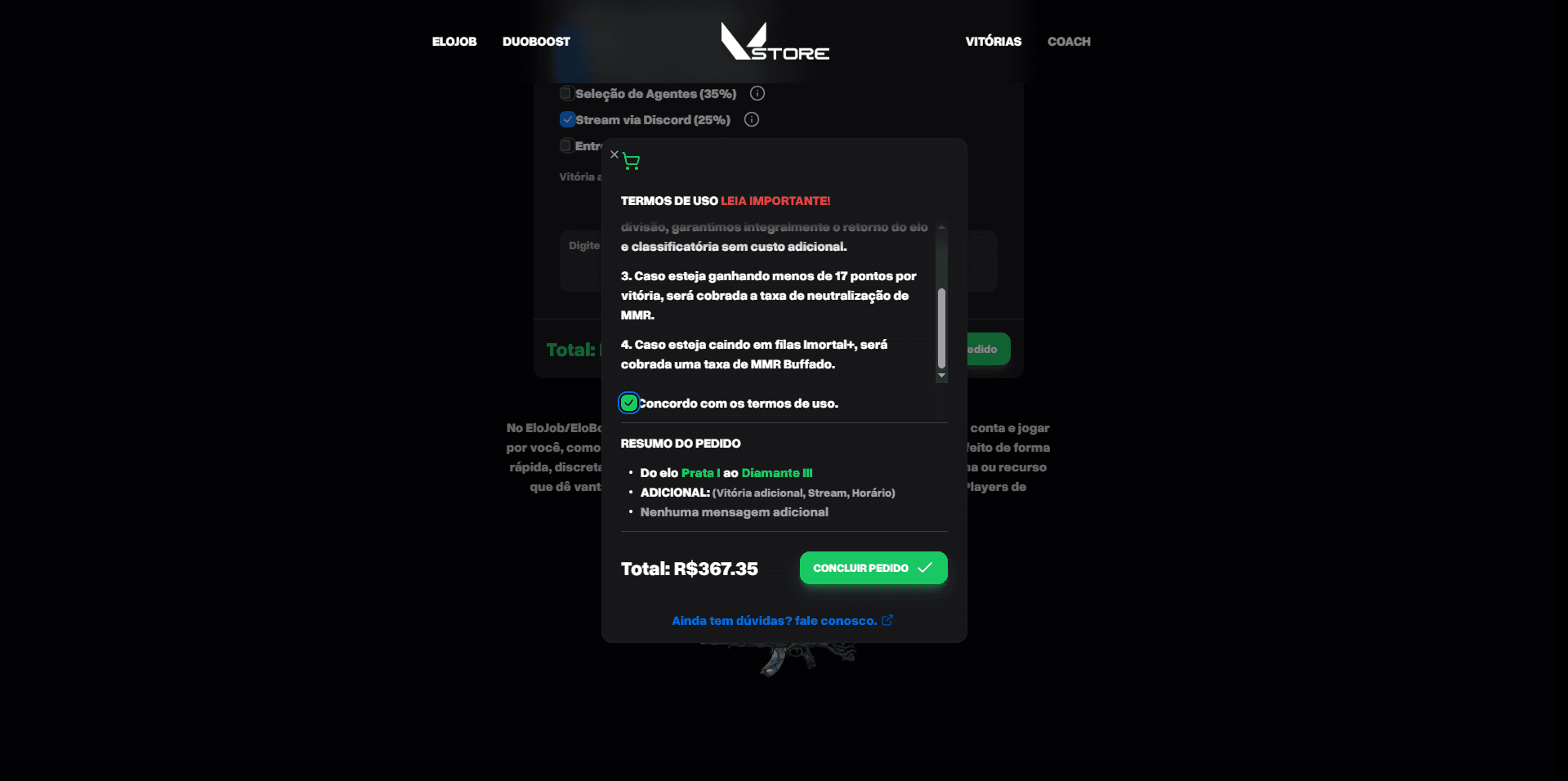 Modal de termos de uso e resumo do pedido do VStore